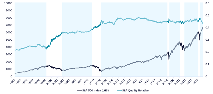 line graph showing the performance of the S&P 500 quality factor against the S&P 500